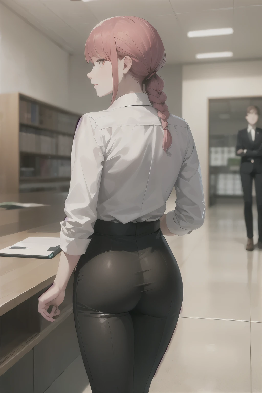 masterpiece, best quality, ultra-detailed, Potrait of beautiful MakimaCSM, solo, shirt, long_sleeves, white_shirt, collared_shirt, pants, from_behind, arms_behind_back, black_pants, formal, suit, arm_behind_back, shirt_tucked_in, facing_away, office_lady, business_suit, high-waist_pants, volumetric lighting, best quality, masterpiece, intricate details, tonemapping, sharp focus, hyper detailed, trending on Artstation,