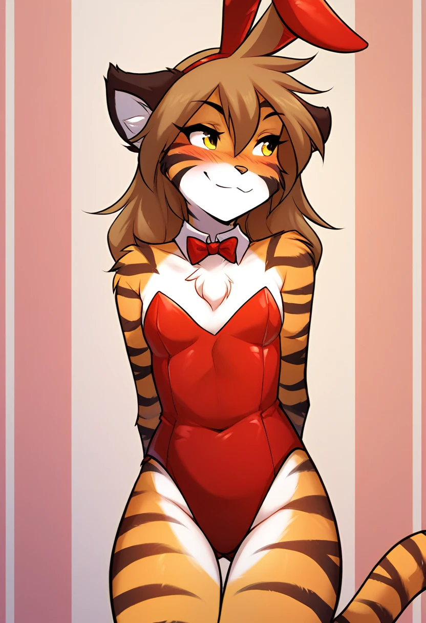 score_9, score_8_up, score_7_up, score_6_up, source_furry, a female anthro fluffy, female, furry, anthro,
tkflora, tiger, striped fur, keidran, yellow eyes, solo, small breasts, anthro, (blush, pose:1.15), light smile, playboy bunny suit, detailed background, twistedscarlett, personalamistyle, front view, hands
