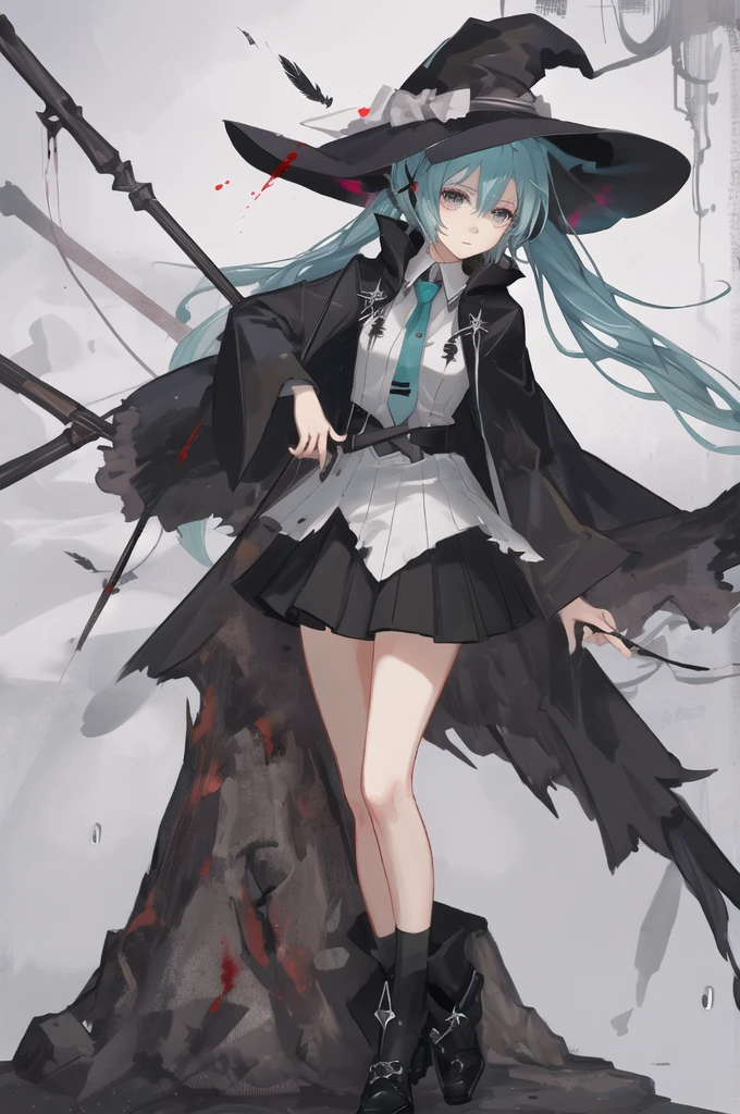 1girl, solo, Hatsune Miku, pointy hat, witch hat, black habit, black robe, black cloak, holding spear, black eyes, Quiet, Pessimistic, high priestess, angel, feather, angel wing, seraph, seraphic, holy, ,red sky, rain, raining, blood,Hell, inferno, lava, vulcano, city, infernal