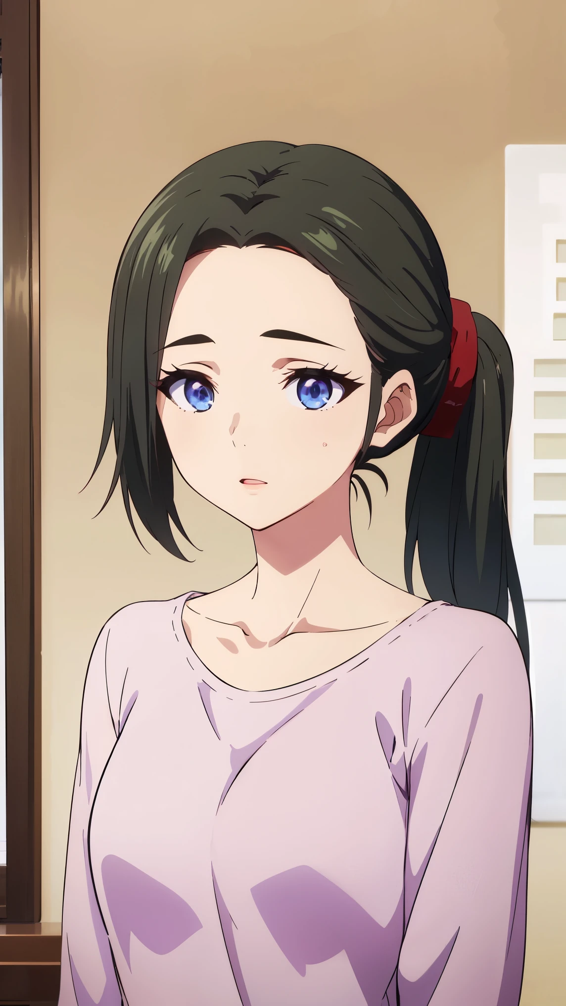 deep skin,textured skin, long hair, black hair, blue eyes, ponytail, highres:1.0), haruhiko_ichijou, makeup, purple lipstick, purple eyeshadow, beautiful face, hyperdetail face, in blue shirt posing in front of a white wall, a portrait by Kim Jeong-hui, tumblr, dau-al-set, wearing a nightgown, wearing pajamas, blue clothes, sleepwear, gorgeous young korean woman, korean woman, korean girl, nightgown, korean women's fashion model, long shirt, beautiful young korean woman