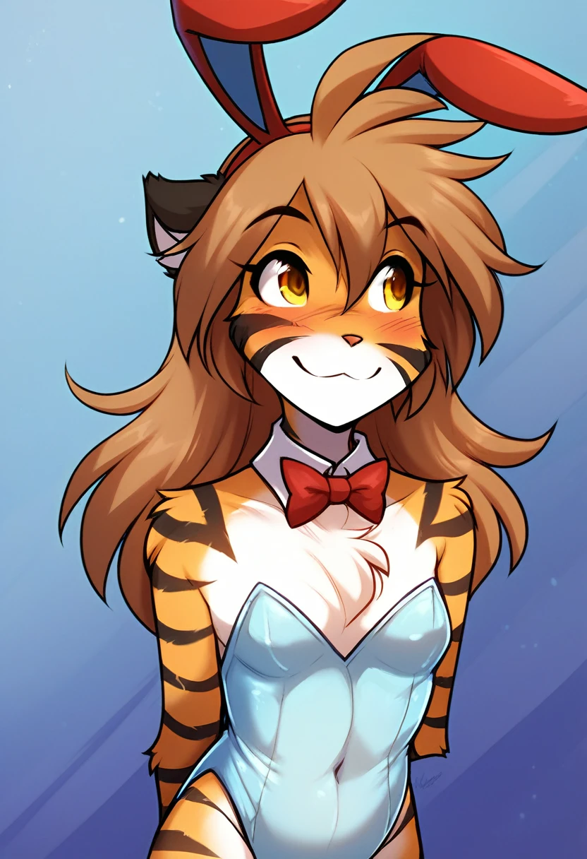 score_9, score_8_up, score_7_up, score_6_up, score_5_up, score_4_up, source_furry, a female anthro fluffy, female, furry, anthro, tkflora, tiger, striped fur, keidran, yellow eyes, solo, small breasts, anthro, (blush, looking away, hands behind back:1.15), light smile, playboy bunny suit, detailed background, front view