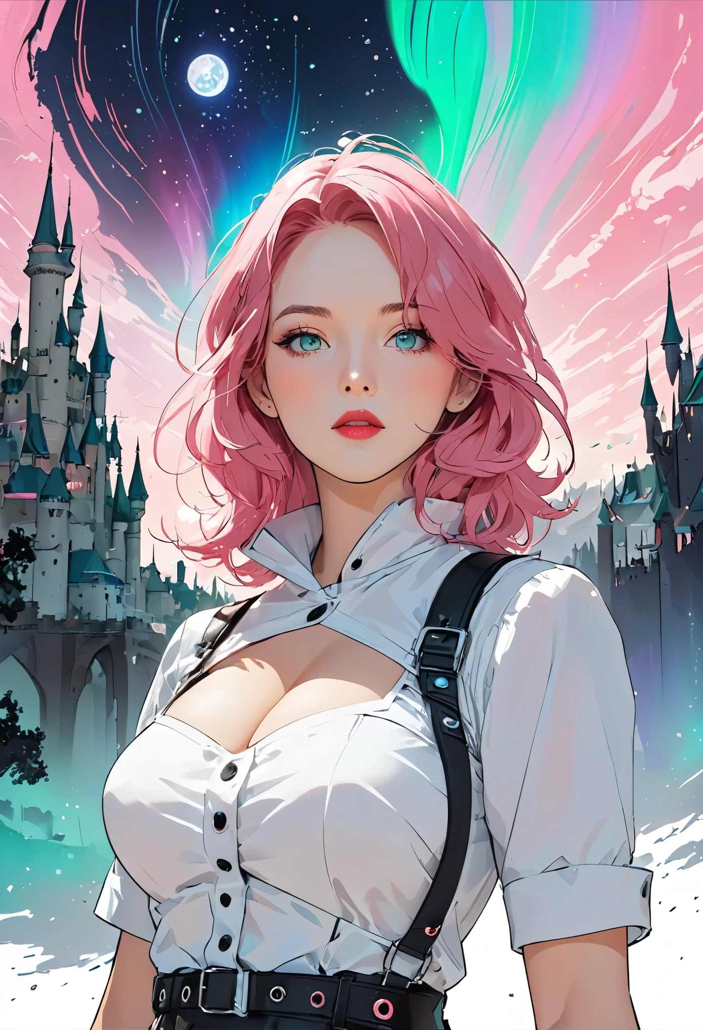 middle-aged girl,long pink hair, reddish-pink lips,In a bright white shirt,Pastel palette in aurora punk style,anime illustration of her face,Animated GIFs,Hand-drawn animation,Fascinating sketch,smooth and shiny,Foggy romanticism,Super flat style, universe background -- ar 1:1-niji 5-expressive style-with 50,cleavage,large breasts,Shoulder straps are detachable, castle in the background