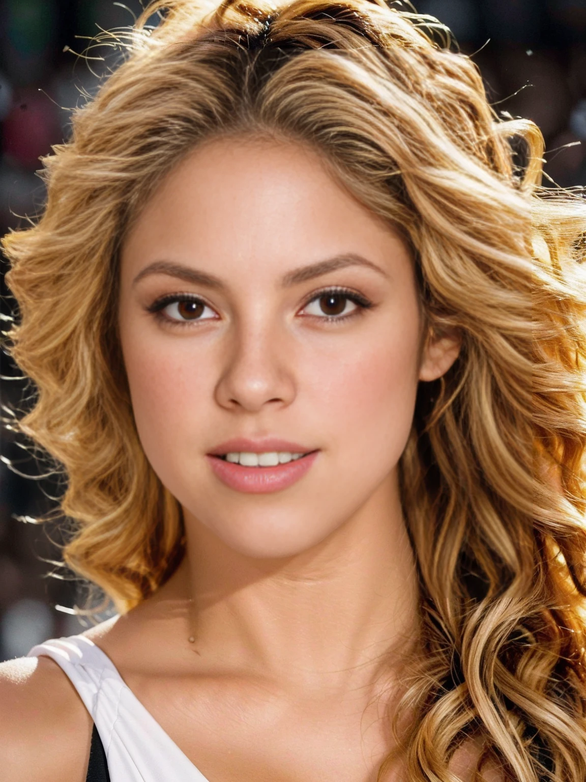 (FULL BODY SHOT 1.3), (The girl is Shakira 1.2, 20 year old girl 1.2, beautiful seductive facial expression 1.2), (Shakira is a belly dancer 1.2, wearing a traditional belly dancer's outfit 1.2, wearing a bedlah 1.2), (very sexy Latina woman 1.2, perfect curves 1.2, alluring figure 1.2, nice breasts 1.2), (dynamic sexy pose 1.2, highly sexually seductive pose 1.2, sexually suggestive 1.2, perfect cleavage 1.2, perfect ass 1.2), (masterpiece, best quality:1.2), 1girl, solo, (best quality,4k,8k,high resolution,masterpiece:1.2), realistic (1.37) girl, (hyper realistic 1.2), (highly detailed face 1.2, Detailed facial features 1.2), (set in a soccer field 1.2, backup dancers in the background 1.2, stadium full of people 1.2, cinematic lighting 1.2, highly detailed background 1.2)