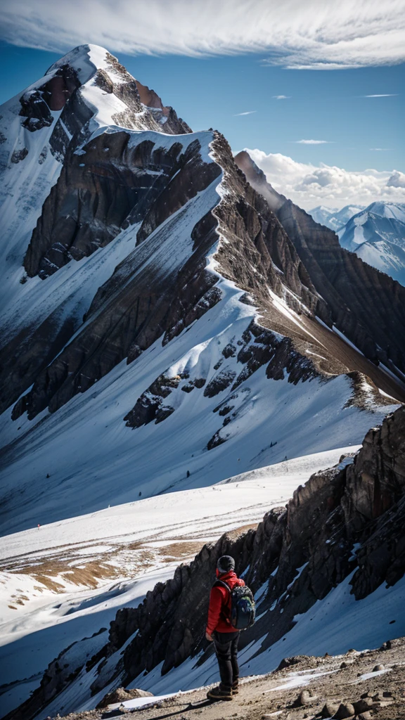 A person standing at the foot of a mountain, looking at the summit. The mountain represents the challenges and the journey, while the expression of determination on a person&#39;s face reflects belief in themselves.