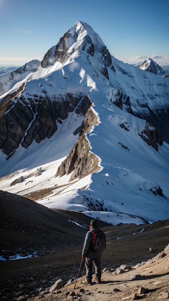 A person standing at the foot of a mountain, looking at the summit. The mountain represents the challenges and the journey, while the expression of determination on a person's face reflects belief in themselves.