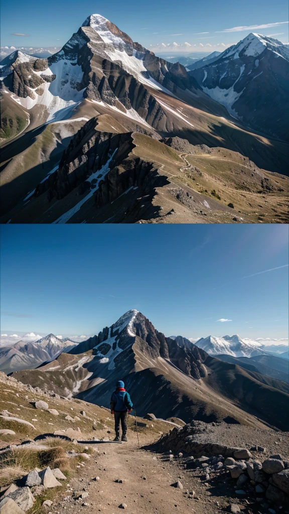 A person standing at the foot of a mountain, looking at the summit. The mountain represents the challenges and the journey, while the expression of determination on a person's face reflects belief in themselves.