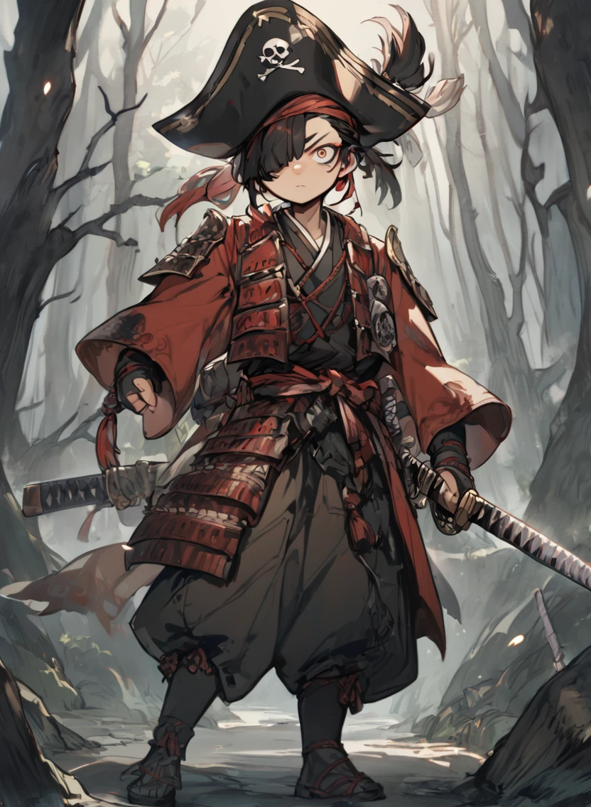 young man ,Male Dark, dark Woods,Red & Black colors, odd eye, samurai dnd, pirate background, hold katana in right hand