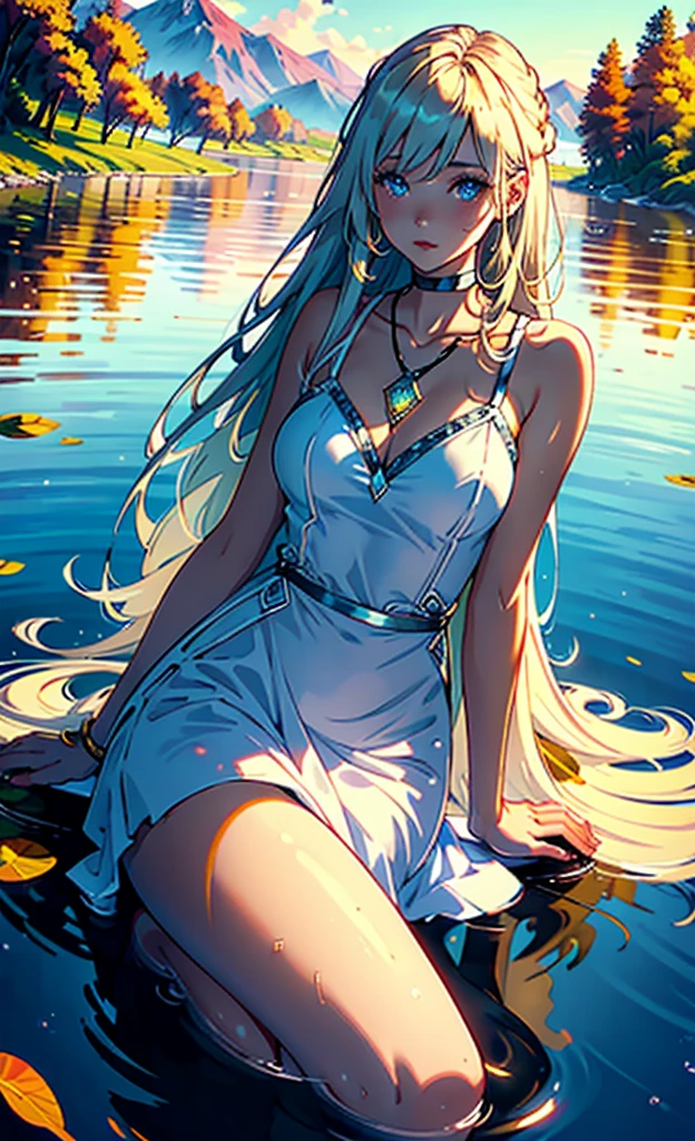 1 girl, cheerful expression, fascinating eyes, straight long hair, flowing dress, balanced posture, porcelain skin, Subtle blush, Crystal pendant BREAK golden hour, (rimlighting):1.2, warm tones, sunflare, Soft Shadows, bright colours, painterly effect, dreamy atmosphere break picturesque lake, distant mountains, Weidenbaum, still water, Consideration, sunlit clouds, peaceful atmosphere, idyllic sunset, ultra detailed, offcial art, Unity 8k Wallpaper
, zentangle, mandala