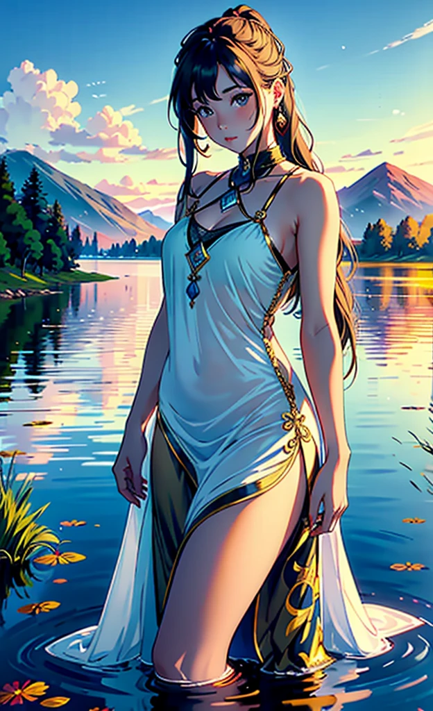 1 girl, serene expression, mesmerizing eyes, straight long hair, flowing dress, poised posture, porcelain skin, subtle blush, crystal pendant
BREAK
golden hour, (rim lighting):1.2, warm tones, sun flare, soft shadows, vibrant colors, painterly effect, dreamy atmosphere
BREAK
scenic lake, distant mountains, willow tree, calm water, reflection, sunlit clouds, peaceful ambiance, idyllic sunset, ultra detailed, official art, unity 8k wallpaper
, zentangle, mandala