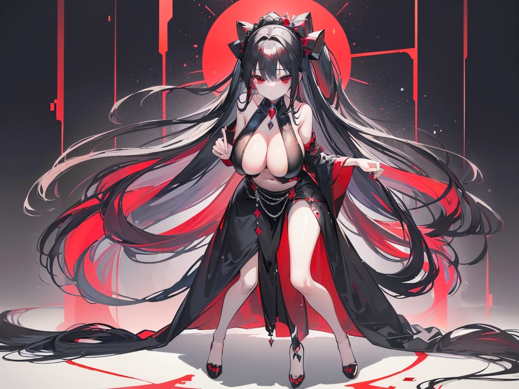 (Exquisite eyes),(Clear and beautiful eyes:1.61),masterpiece, ung girl,(Black clothes and some red gems), Black long hair, (She has a huge red gem on her chest), Good Hand,((The Havoc of StarCraft)),full-body shot,Fighting Stance,(Red Eyes:1.466),short and small,(Very big breasts:1.35),(Pretty Face),(full-body shot:1.33),Beautiful hands