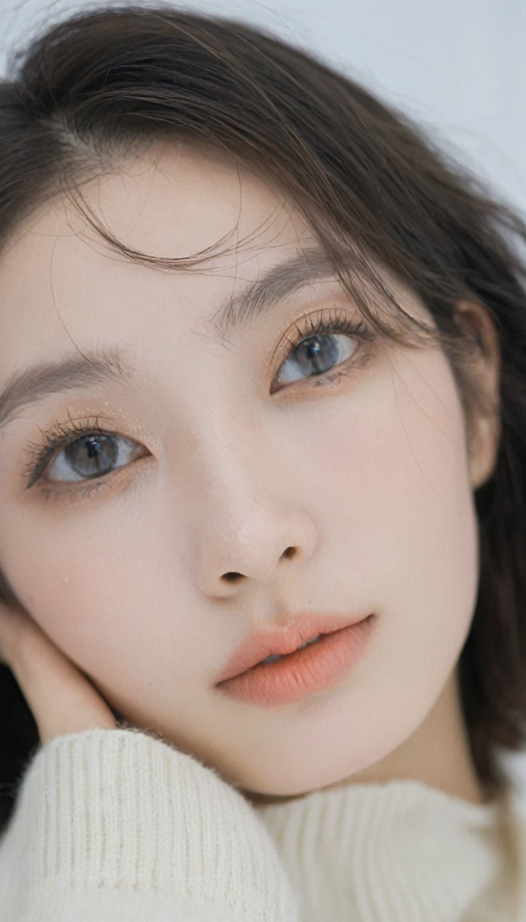 xxmixgirl, Analog style, Eyes Focus, best quality, (Very detailed skin), Photos of extremely beautiful fair skin, 21 years old, Perfect face, Charming eyes, (seductive makeup: 1.3), Skin pores, (Bokeh:1.5), Clear focus, Mottled lighting, (Backlight), Film Grain, (Very detailed, Complex details), 8K, Human Development Report, Front view, Studio Lighting, Ultra-fine face, Delicate eyes, (Double eyelids: 1.4), Alice switched, Brown eyes, (commercial: 1.6), (seductive makeup), ((White studio background: 2))