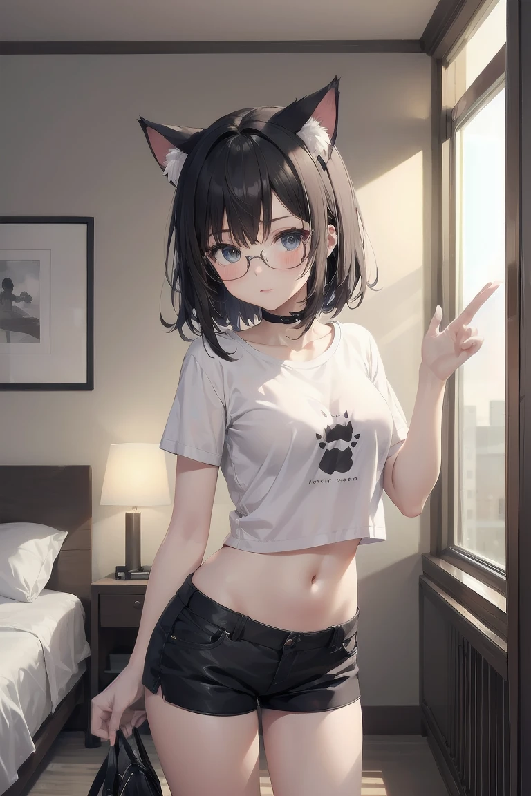 a woman is wearing Glasses and cute top and short short pants stands near the bed, 1 girl, animal ears, alone, short pants, navel, Glasses, black hair, cat ears, Size, short short pants