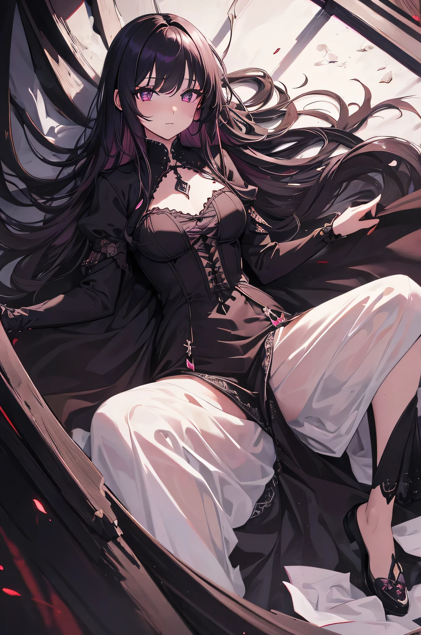Artwork with a Colchicum motif, ((Highest quality)), High resolution, 8K, Cinematic Light, High Contrast, Written boundary depth, Strong brilliance, Detailed Background, One Girl, Dark toned gothic dress, fine grain, Shining Eyes, Detailed Iris,poison,Ruthless Killer、Insanity