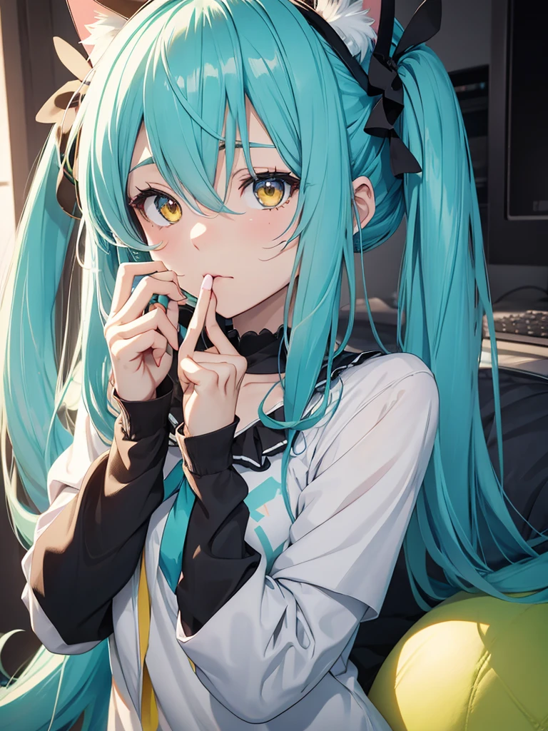 hatsune miku, pijama, cat ears, sucking fingers, yellow eyes