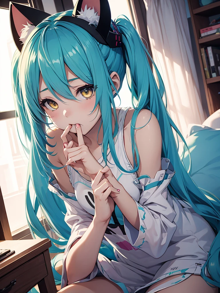 hatsune miku, pijama, cat ears, sucking fingers, yellow eyes