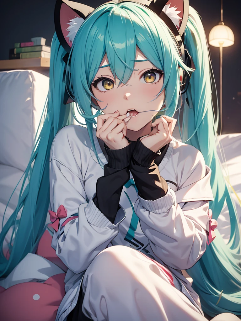 hatsune miku, pijama, cat ears, sucking fingers, yellow eyes
