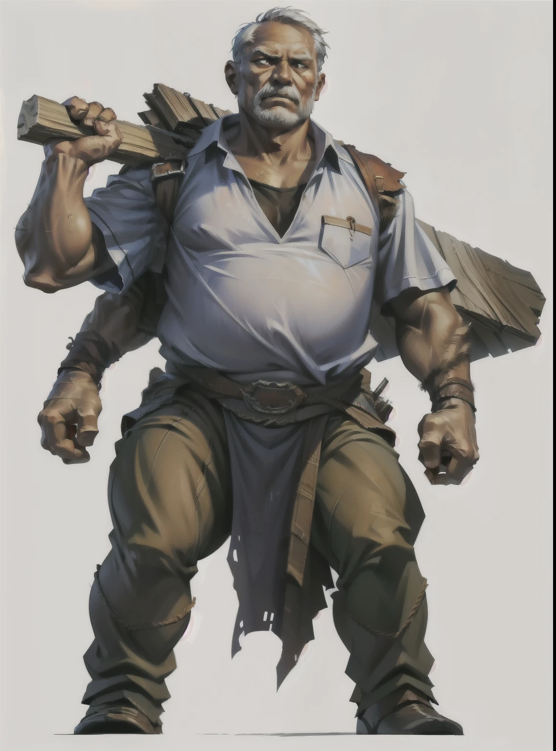 I want a character on a white background, png,full body image, carrying wood, Carpenter with wood in his hands and a tough face, brawny, older.