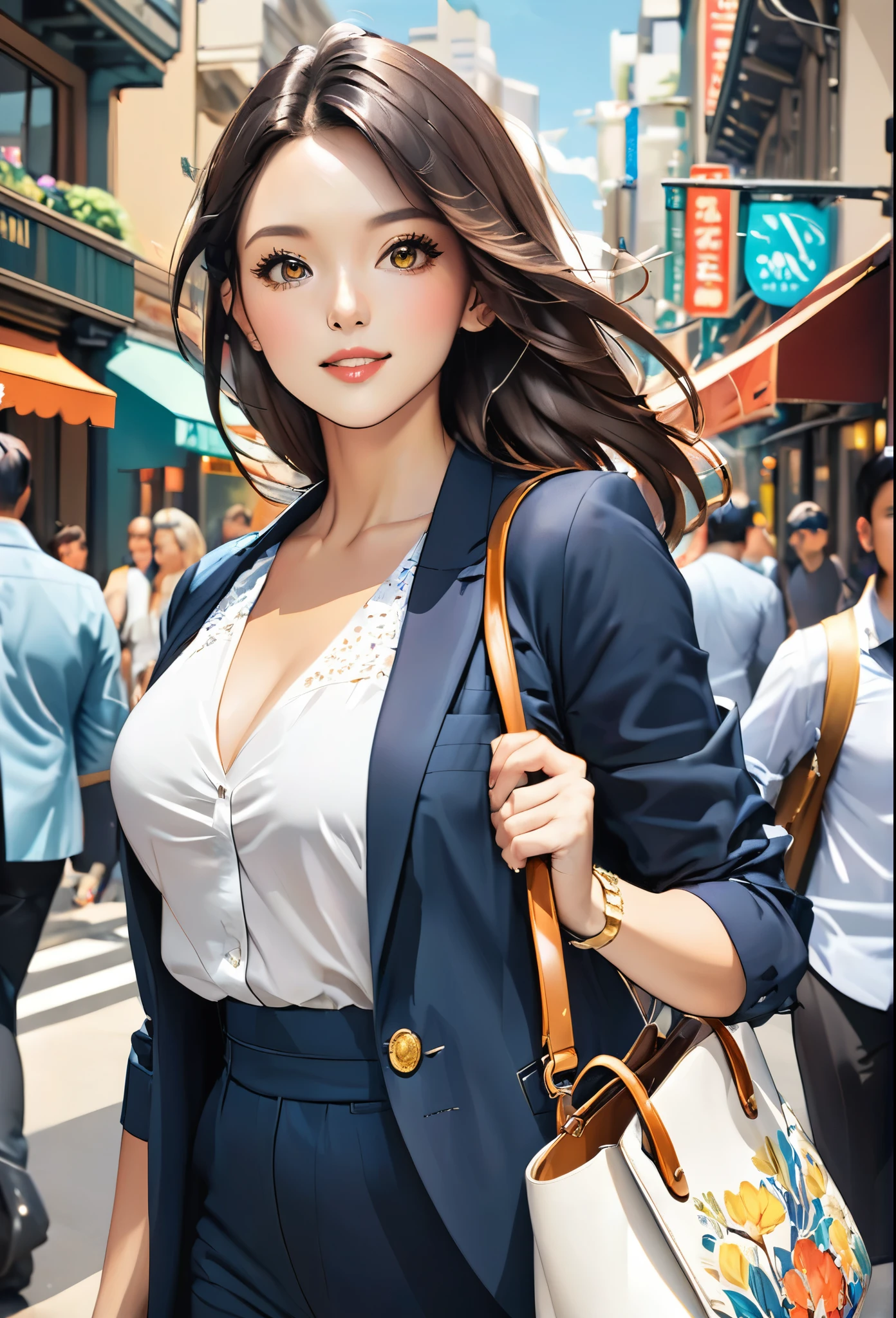1lady solo, (strolling through city), (stylish outfit) (refreshing and sporty attire), slim mature female, /(dark brown hair/) bangs, kind smile, (masterpiece best quality:1.2) delicate illustration ultra-detailed, large breasts BREAK (holding designer's bag) BREAK (populous downtown) outdoors, noon, crowded, detailed background