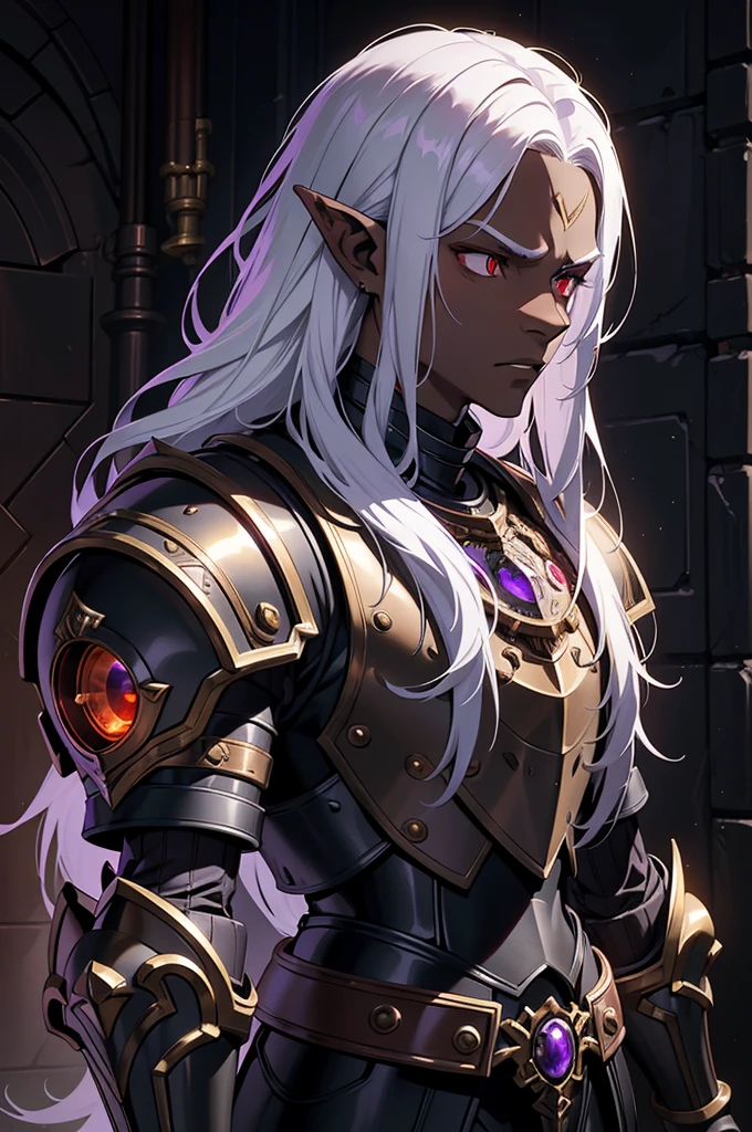 masterpiece, best quality, ultra high res, dark theme, 1boy, (dungeonpunk armor), (mechanical steampunk armor), (wearing armor), fantasy illustration, dark skinned, human, upper body, portrait, red eyes, long white hair, half-drow, pointy ears, serious face, young man, dramatic lighting, purple hue, art by Kinema Citrus