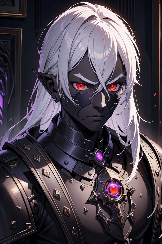 masterpiece, best quality, ultra high res, dark theme, 1boy, (dungeonpunk armor), (mechanical steampunk armor), (wearing armor), fantasy illustration, dark skinned, human, upper body, portrait, red eyes, long white hair, half-drow, pointy ears, serious face, young man, dramatic lighting, purple hue, art by Kinema Citrus