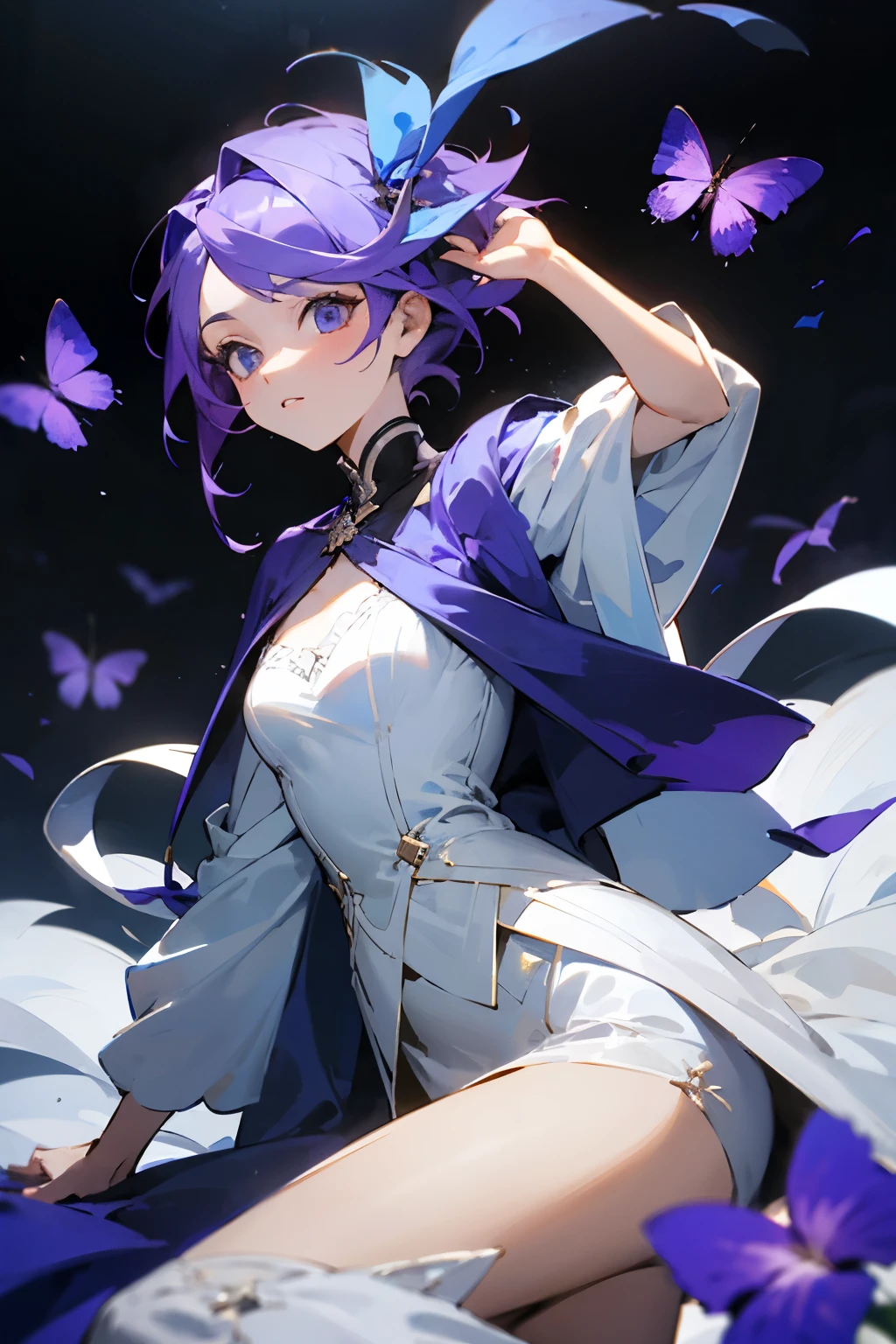 Fille courte aux cheveux violets avec une robe blanche, Fond uni, Une qualité d&#39;image ultra élevée, 8k