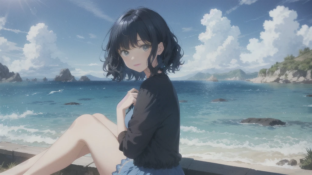 In this extraordinary animated masterpiece, A seductive scene is presented featuring a young girl with short dark hair and curly bangs.。. The vibrant blue sky provides a breathtaking backdrop, Perfectly complements the beauty of the girl&#39;s surroundings. When she stands alone, Wearing a nice short-sleeved dress, Her gaze captivates the viewer, Invite them to explore the fascinating cityscape before them.. The city is vibrant with towering skyscrapers., Elegant bridge, Impressive building, Done a bustling metropolis that harmoniously coexists with nature. A majestic castle can be seen in the distance, Adding even more grandeur to an already stunning view. The river that flows gracefully through the town reflects the bright sun., Done