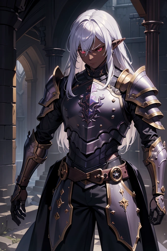 masterpiece, best quality, ultra high res, dark theme, 1boy, (dungeonpunk armor), (mechanical steampunk armor), (wearing armor), fantasy illustration, dark skinned, human, upper body, portrait, red eyes, long white hair, half-drow, pointy ears, serious face, young man, dramatic lighting, purple hue, art by Kinema Citrus
