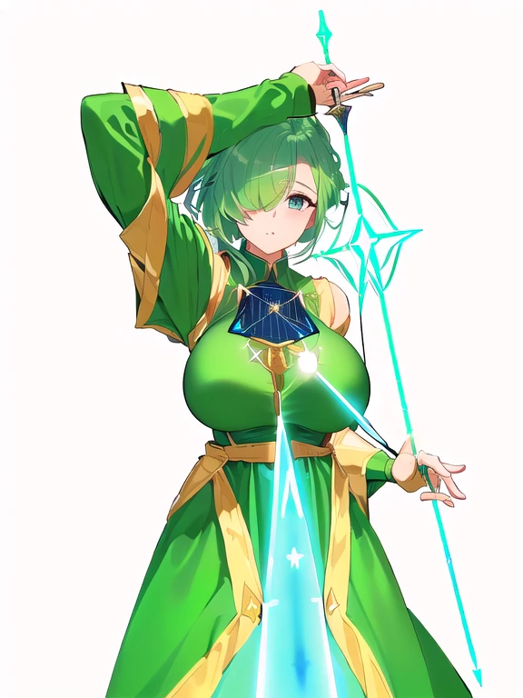 masterpiece, best quality, highres, green hair, a close up of a person holding a sword in a dress, holding rapier, (magical magic spell aura:1.8), ((gigantic sagging breasts, large breasts, gigantic breasts, sagging breasts)),(saggy tits:1.1),(sagging breast:1.1),(huge breasts:1.8), serious, (hair over one eye:1.5)