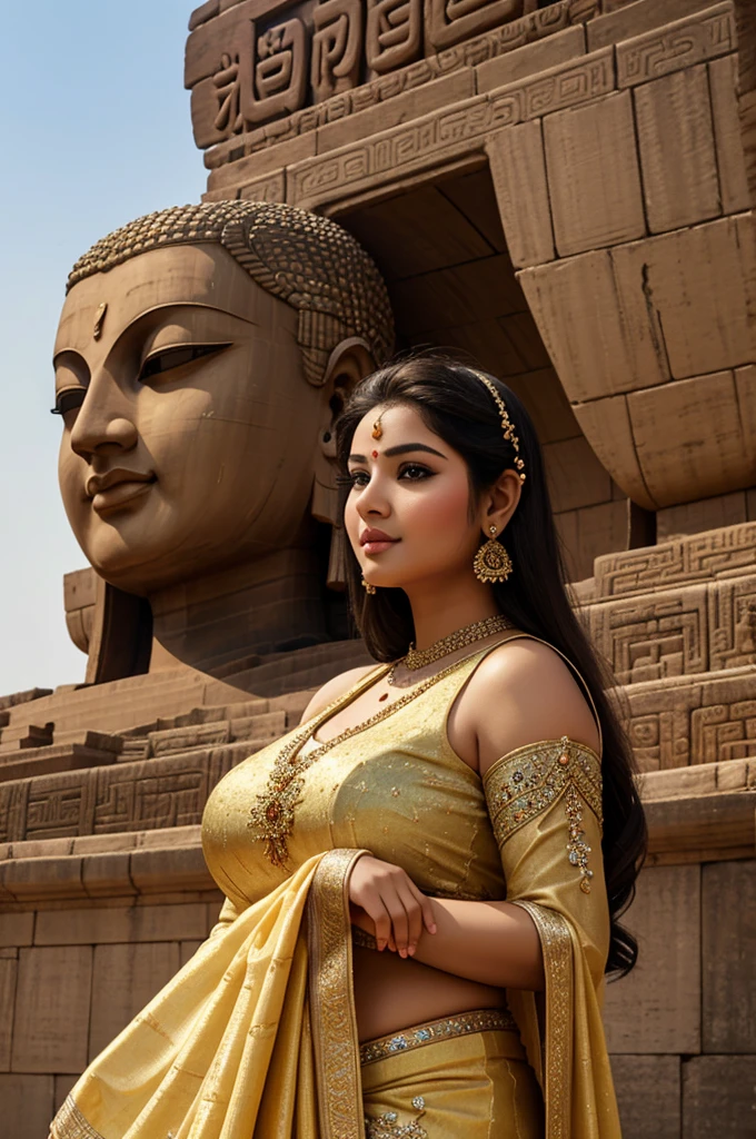 1 Heavenly beautiful and goddess beauty cute and sweet looking face Arabian female in front of Leshan Giant Buddha, China, Heavenly beautiful Overweight, Heavenly beautiful Extremely fat, Heavenly beautiful and attractive Chubby figure , Heavenly beautiful looking and eye catching luxury style Ajrakh Sarees , reaching out, Heavenly beautiful Arabian woman, 16k, High resolution, masterpiece, highest quality, fine skin, outside view, Realistic Photograph, close up face view
