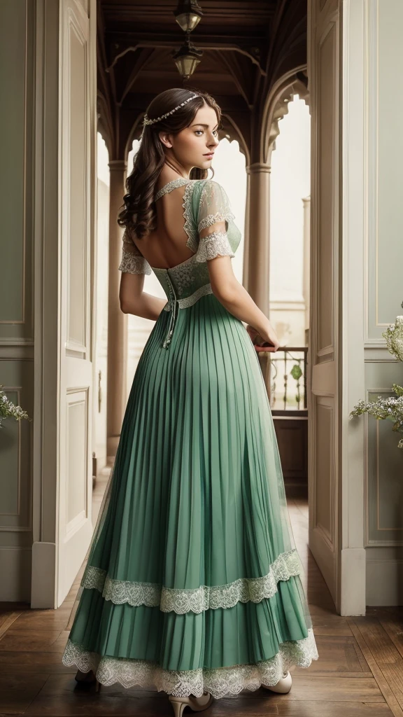 ((High-quality work)), the lines are clear and concise, the green dress and the beautiful pleated lace complement each other, which enriches the layering of the whole picture, the graceful Edwardian lace dress and the princess skirt add a lot to the character, the gesture with the back of the hand behind , It also shows the gentle and elegant side of women.