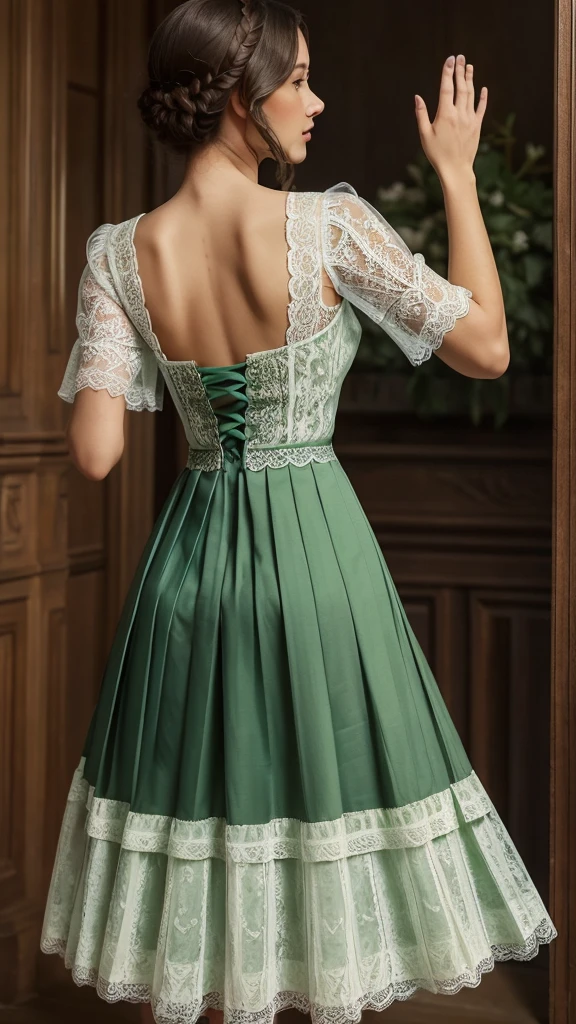 ((High-quality work)), the lines are clear and concise, the green dress and the beautiful pleated lace complement each other, which enriches the layering of the whole picture, the graceful Edwardian lace dress and the princess skirt add a lot to the character, the gesture with the back of the hand behind , It also shows the gentle and elegant side of women.