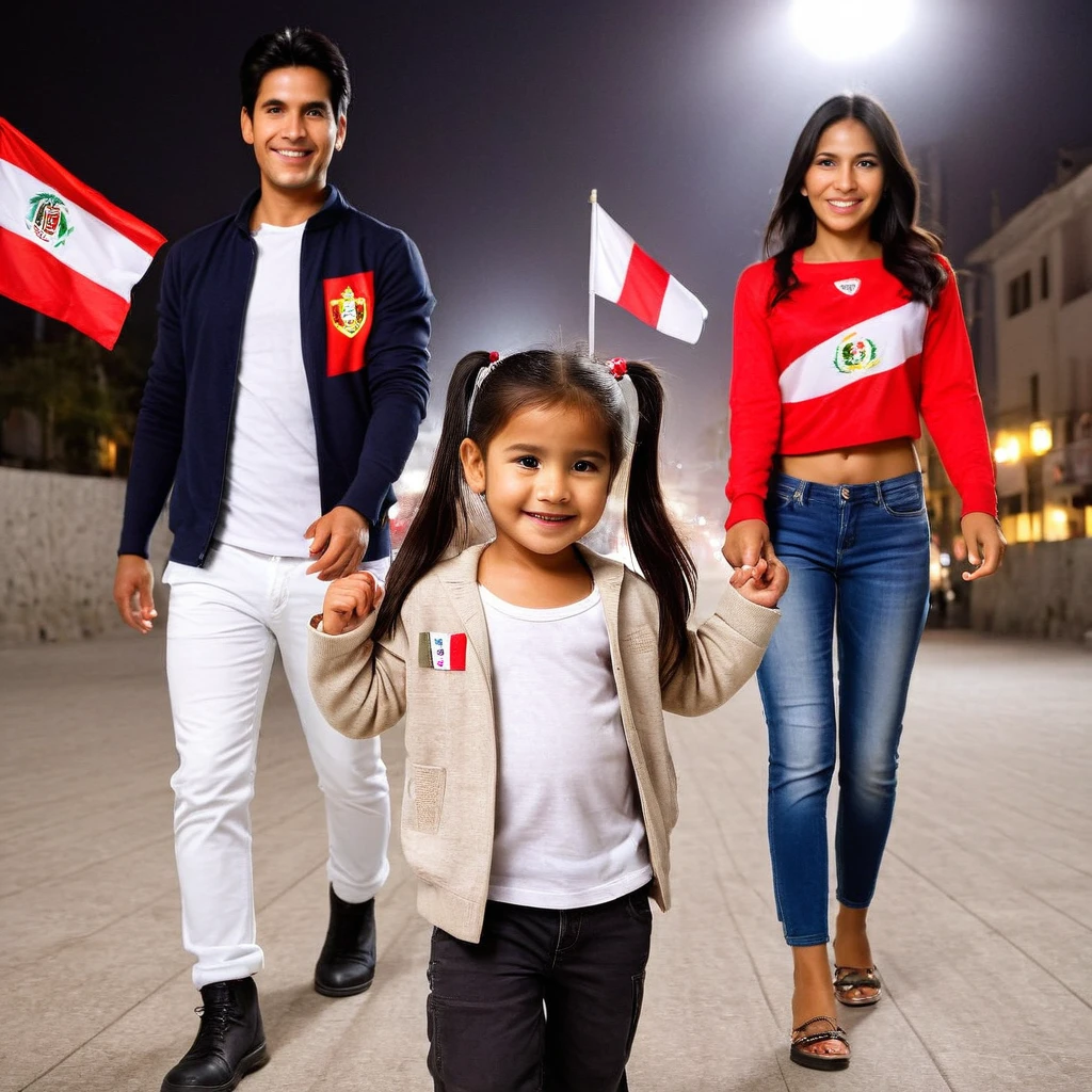 A 4-year-old girl walking very happily, a 30 years old Peruvian man holding hand with her left hand, and a beauty 25 years old woman hand with her right hand, casual clothes, very expressive gesture in face, clean dark hair. natural white lights, behind can see a peruvian flags. (((stock photography style:1.2)))