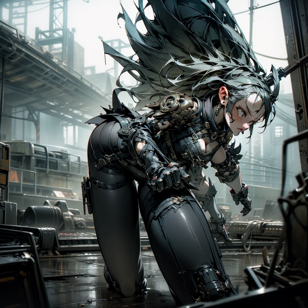 1 girl, attractive body in sexy clothes, gothic, wearing punk attire, destroyed city, in a mortal battle, solo, masterpiece, flawless, no anomalies, photorealistic, 8k, high quality, dramatic lighting, moody atmosphere, dark colors, gritty urban environment, hyper detailed, cinematic composition, dynamic pose, intense expression