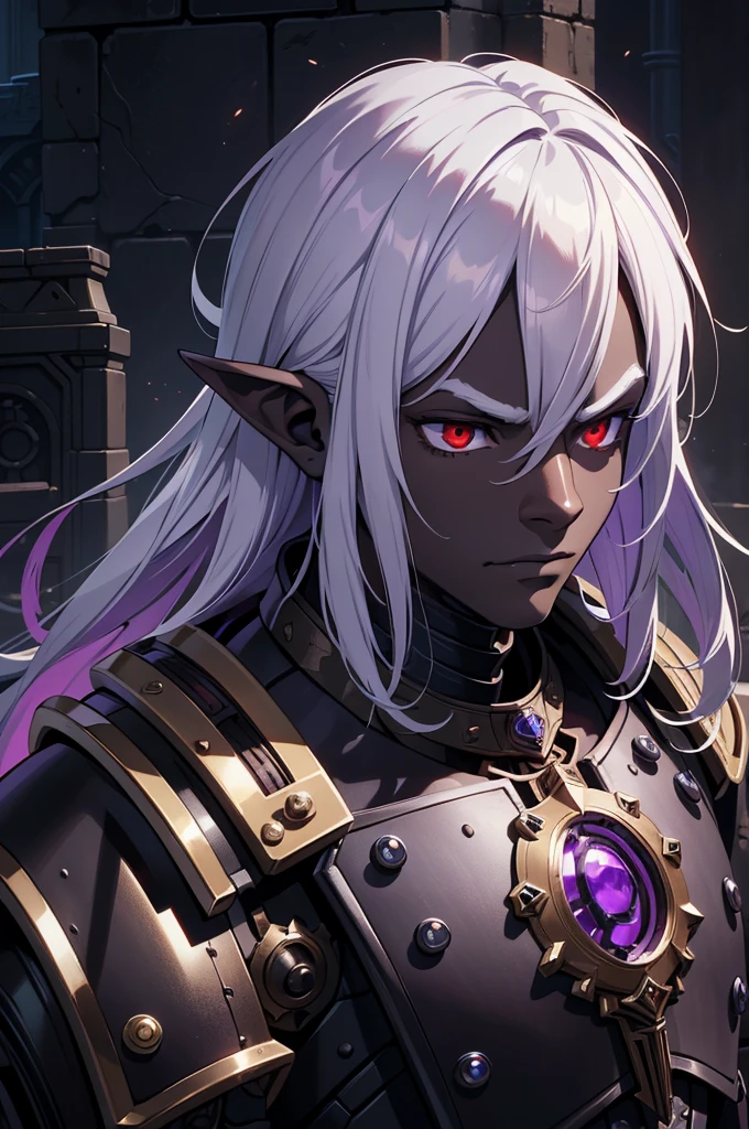masterpiece, best quality, ultra high res, dark theme, 1boy, (dungeonpunk armor), (mechanical steampunk armor), (wearing armor), fantasy illustration, dark skinned, human, upper body, portrait, red eyes, long white hair, half-drow, pointy ears, serious face, young man, dramatic lighting, purple hue, art by Kinema Citrus