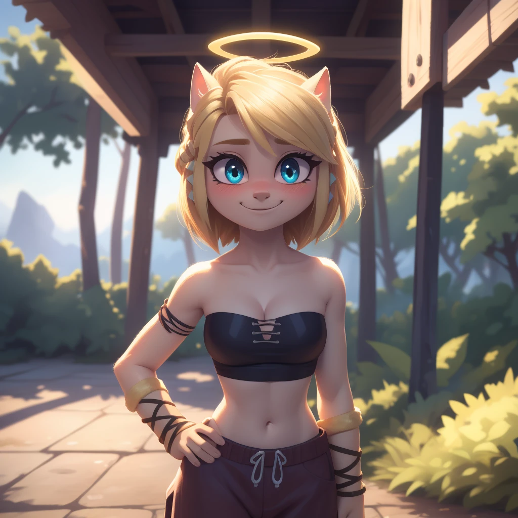 Astrid hofferson, baggy pants, strapless crop top, cleavage, high-top sneakers, blonde hair, halo, sunglasses, jewelry, aqua eyes, longeyelashes, aqua eyes, smile, shy, blush, high detail, masterpiece, UHD, anatomically correct, super detail, highres, 4K