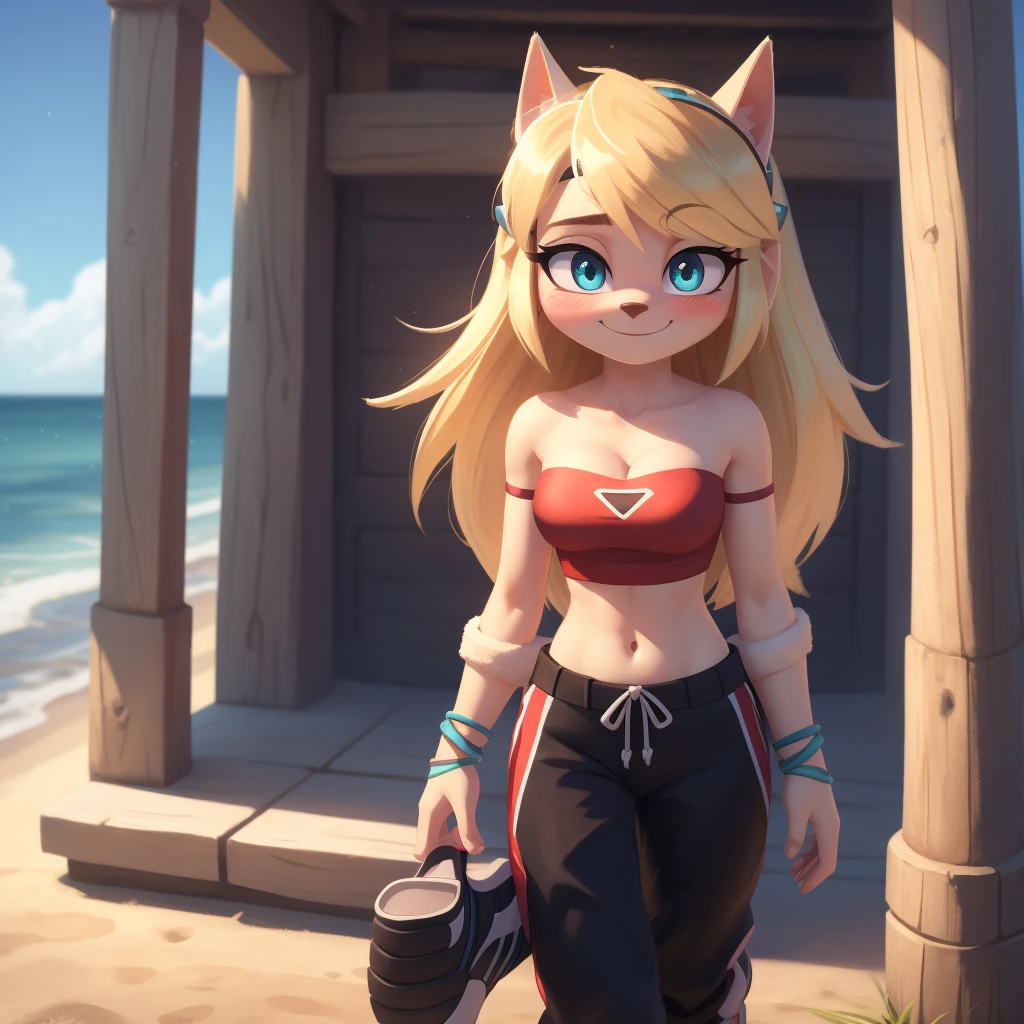 Astrid hofferson, baggy pants, strapless crop top, cleavage, high-top sneakers, blonde hair, halo, sunglasses, jewelry, aqua eyes, longeyelashes, aqua eyes, smile, shy, blush, high detail, masterpiece, UHD, anatomically correct, super detail, highres, 4K