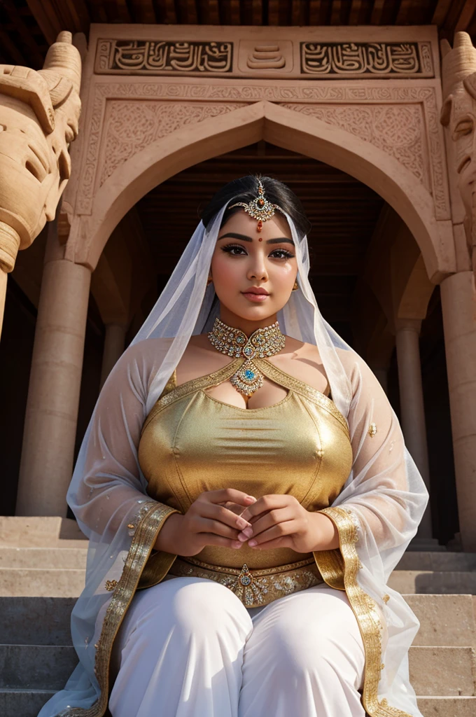 1 Heavenly beautiful and goddess beauty cute and sweet looking face Arabian female in front of Leshan Giant Buddha, China, Heavenly beautiful Overweight, Heavenly beautiful Extremely fat, Heavenly beautiful and attractive Chubby figure , Heavenly beautiful looking and eye catching luxury style Ajrakh Sarees , reaching out, Heavenly beautiful Arabian woman, 16k, High resolution, masterpiece, highest quality, fine skin, outside view, Realistic Photograph, close up face view