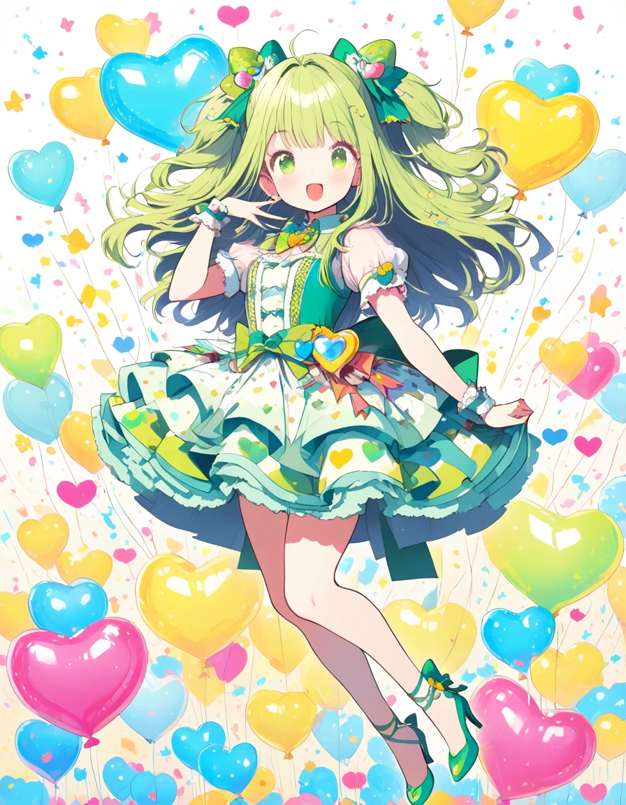 extremely detailed 8K CG, ultra-detailed:1.3, ultra delicate and detailed face:1.3, (absurdres, texture, masterpiece), pixiv contest winner, by Posuka Demizu, face right, full body, Dynamic manga-style illustration of an anime-style magical girl throwing kiss to the left side with cutely winking, cute expression, The world is full of pop, kitsch, and cuteness, with a yellow and blue-green color scheme, She wears a heart-patterned balloon skirt and a glass She's wearing stiletto heels.