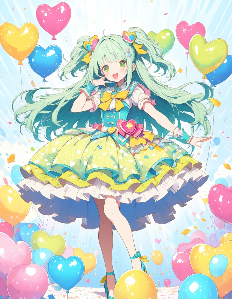 extremely detailed 8K CG, ultra-detailed:1.3, ultra delicate and detailed face:1.3, (absurdres, texture, masterpiece), pixiv contest winner, by Posuka Demizu, face right, full body, Dynamic manga-style illustration of an anime-style magical girl throwing kiss to the left side with cutely winking, cute expression, The world is full of pop, kitsch, and cuteness, with a yellow and blue-green color scheme, She wears a heart-patterned balloon skirt and a glass She's wearing stiletto heels.
