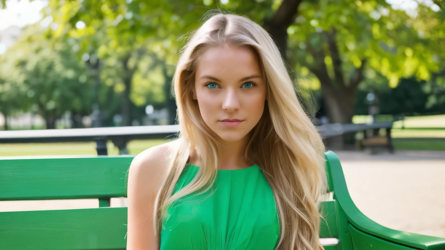 A young woman in her 20s, with long blonde hair and bright green eyes, sits on a park bench, looking directly into the camera.