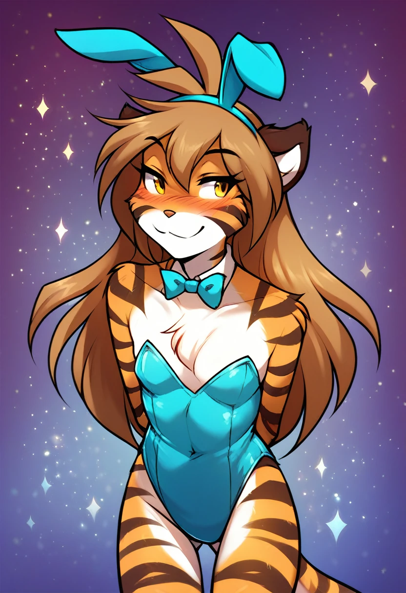 score_9, score_8_up, score_7_up, score_6_up, score_5_up, score_4_up, source_furry, a female anthro fluffy, female, furry, anthro, tkflora, tiger, striped fur, keidran, yellow eyes, solo, small breasts, anthro, (blush, looking away, hands behind back:1.15), light smile, playboy bunny suit, detailed background, front view