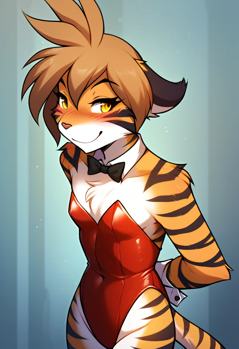 score_9, score_8_up, score_7_up, score_6_up, score_5_up, score_4_up, source_furry, a female anthro fluffy, female, furry, anthro, tkflora, tiger, striped fur, keidran, yellow eyes, solo, small breasts, anthro, (blush, looking away, hands behind back:1.15), light smile, playboy bunny suit, detailed background, twistedscarlett, personalamistyle