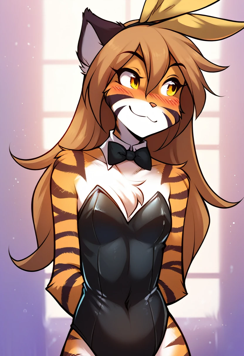 score_9, score_8_up, score_7_up, score_6_up, score_5_up, score_4_up, source_furry, a female anthro fluffy, female, furry, anthro, tkflora, tiger, striped fur, keidran, yellow eyes, solo, small breasts, anthro, (blush, looking away, hands behind back:1.15), light smile, playboy bunny suit, detailed background, front view