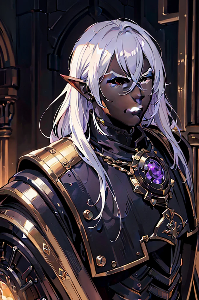 masterpiece, best quality, ultra high res, dark theme, 1boy, (dungeonpunk armor), (mechanical steampunk armor), (wearing armor), fantasy illustration, dark skinned, human, upper body, portrait, red eyes, long white hair, half-drow, pointy ears, serious face, young man, dramatic lighting, purple hue, art by Kinema Citrus