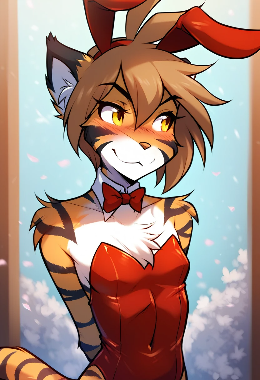 score_9, score_8_up, score_7_up, score_6_up, score_5_up, score_4_up, source_furry, a female anthro fluffy, female, furry, anthro, tkflora, tiger, striped fur, keidran, yellow eyes, solo, small breasts, anthro, (blush, looking away, hands behind back:1.15), light smile, playboy bunny suit, detailed background, front view