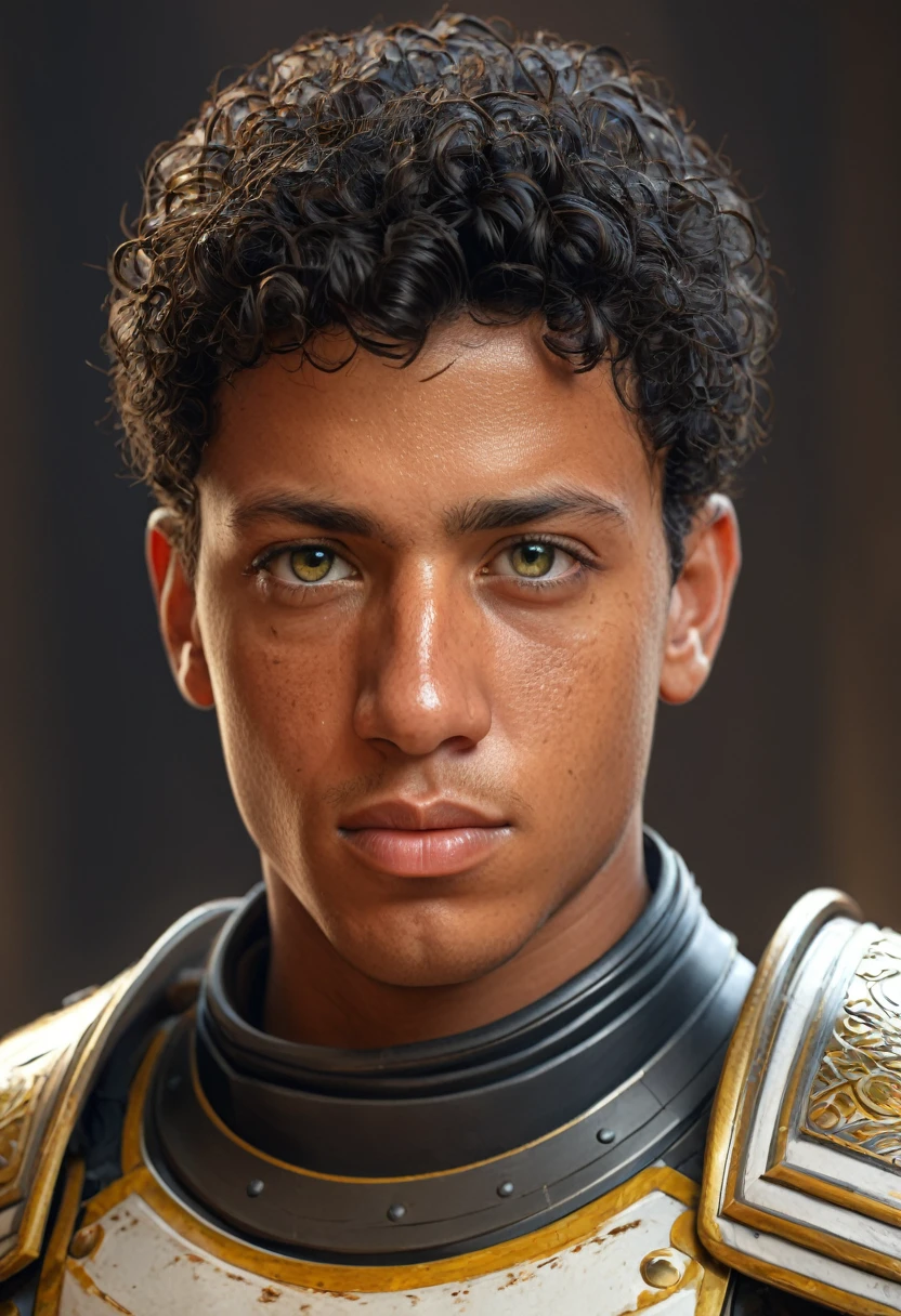 a portrait of a nervous egyptian young man with short curly black hair, yellow eyes, very tan skin, and soft features, wearing fine medieval orange and white armor, character portrait by senior character artist, Artstation, fantasy art, stunning character art, fantasy concept art portrait, epic exquisite character art, character portrait art, fantasy character portrait, fantasy male portrait, character concept art portrait, character art portrait, beautiful man, (muted natural colors: 1.3), 1 critical role, human ears, muscular, yellow eyes