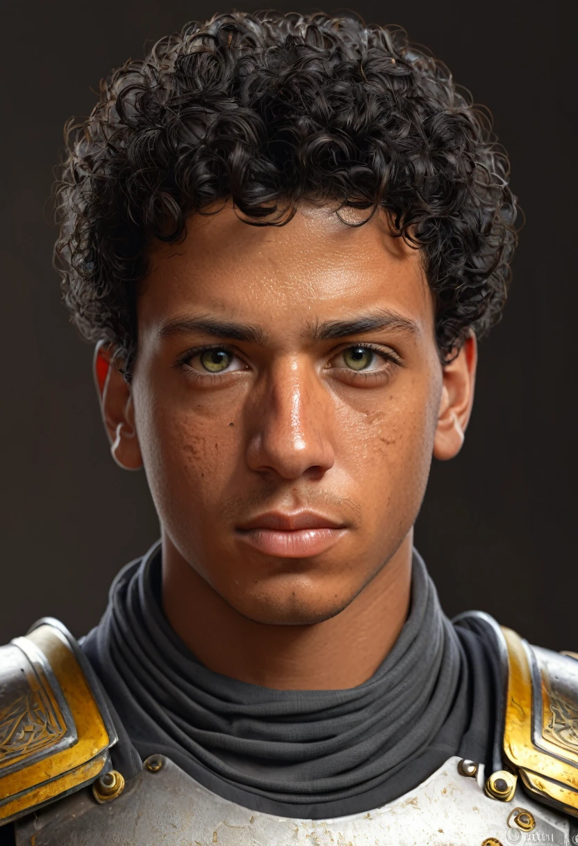 a portrait of a nervous egyptian young man with short curly black hair, yellow eyes, very tan skin, and soft features, wearing fine medieval orange and white armor, character portrait by senior character artist, Artstation, fantasy art, stunning character art, fantasy concept art portrait, epic exquisite character art, character portrait art, fantasy character portrait, fantasy male portrait, character concept art portrait, character art portrait, beautiful man, (muted natural colors: 1.3), 1 critical role, human ears, muscular, yellow eyes