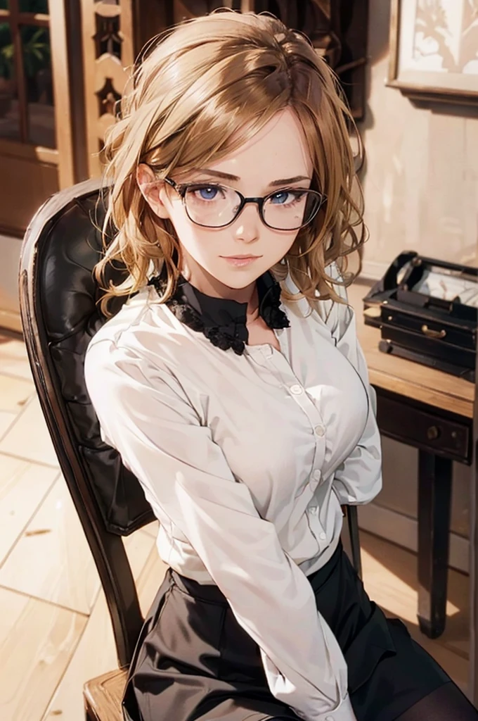 Masterpiece, 最high quality, high quality, High resolution, high quality texture, high quality shadows, High resolution, Beautiful details, Detailed CG, Detailed Texture, Realistic representation of face, Realistic, colorful, delicate, Cinematic Light, Side light, Lens flare, Ray Tracing, sharp concentrated, (1 Girl,concentrated:1.3), ( Intricate details, compensate, PureErosFaceV1:0.5), (細部まで美しいdelicateな顔, 緻密で美しいdelicateな瞳, Perfect Facial Proportions, Dense skin, Optimal ratio of four fingers to one thumb,Unified 8k wallpaper, Arms under chest, Modest chest, Wide Hips, Smooth upper abdomen, 35 years old, blue eyes, glasses, air fortress hair, blonde hair, house wife, the gaze of true love, lips of temptation, A look full of compassion ,a smile full of love, i love you, Acting lovey-dovey, I love you so much I'm crazy,
cabin attendant uniform,white blouse,tight fitting black skirt,black stockings, excellent secretary ,working as a secretary, wooden desk, wooden chair