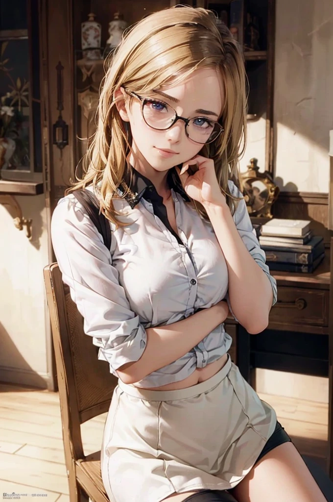 Masterpiece, 最high quality, high quality, High resolution, high quality texture, high quality shadows, High resolution, Beautiful details, Detailed CG, Detailed Texture, Realistic representation of face, Realistic, colorful, delicate, Cinematic Light, Side light, Lens flare, Ray Tracing, sharp concentrated, (1 Girl,concentrated:1.3), ( Intricate details, compensate, PureErosFaceV1:0.5), (細部まで美しいdelicateな顔, 緻密で美しいdelicateな瞳, Perfect Facial Proportions, Dense skin, Optimal ratio of four fingers to one thumb,Unified 8k wallpaper, Arms under chest, Modest chest, Wide Hips, Smooth upper abdomen, 35 years old, blue eyes, glasses, air fortress hair, blonde hair, house wife, the gaze of true love, lips of temptation, A look full of compassion ,a smile full of love, i love you, Acting lovey-dovey, I love you so much I'm crazy,

cabin attendant uniform,white blouse,tight fitting black skirt,black stockings, excellent secretary ,working as a secretary, wooden desk, wooden chair