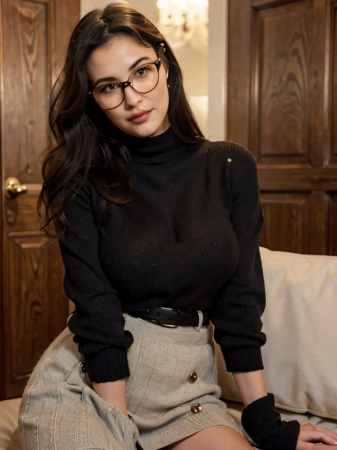 (Masterpiece:1.2), (Best quality), (Ultra detailded), (8k, 4K, complexe),(Tir complet:1), (highly detailed:1.2),(Detailed face:1.2), (detailed background),detailed scenery, ((portrait)), (pose dynamique:1.2) Velma, Milf, obrse, énormes grands seins, seulement, Regarder le spectateur, Cheveux courts, jupe, dark blue hair, yeux violets, collants, pleated skirt, lunettes, chandail, turtleneck, ribbed sweater, turtleneck sweater, chemise orange, Pull orange,Haut du corps,frange